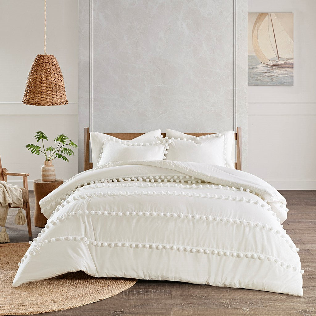 Leona 3 Piece Pom Pom Cotton Comforter Set