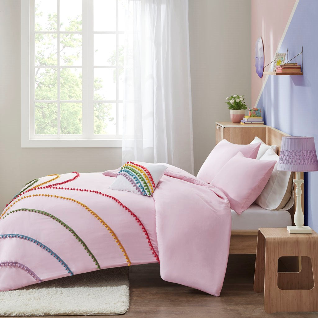 Juniper Rainbow Comforter Set With Pompom Trim